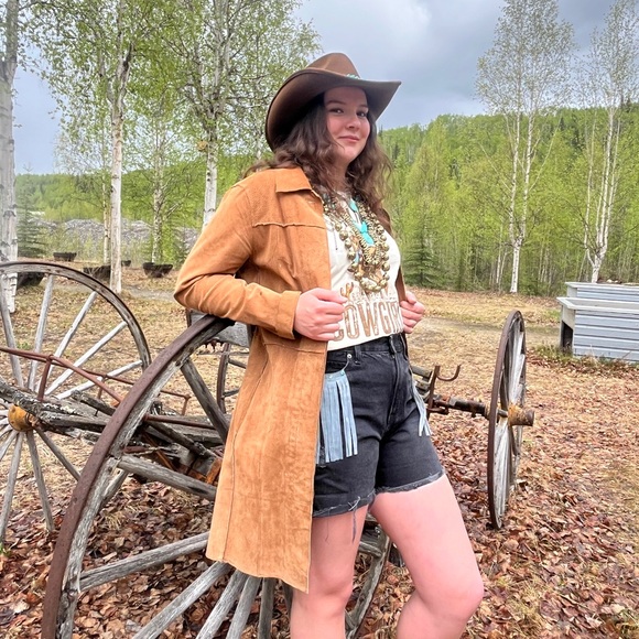 le chateau Jackets & Blazers - #8 BROWN KNEE LENGTH LEATHER FRINGED COAT SIZE MED